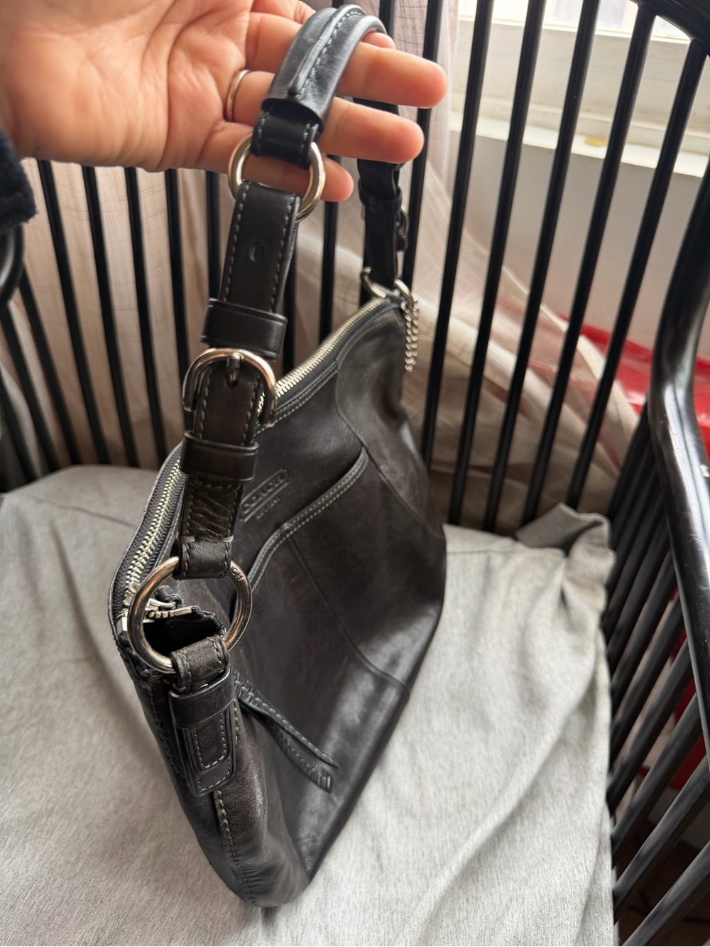 Coach Black Leather Hobo Shoulder Bag with Silver Hardware - Picture 3 of 9
